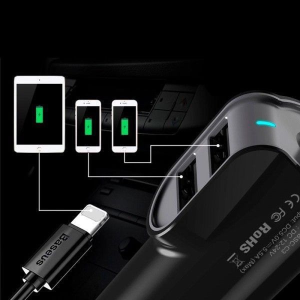 Автомобильное зарядное устройство Baseus Energy Station QC + кабель Lightning 2USB / 5.5A Black 57723