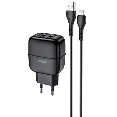 Мережевий зарядний пристрій Hoco C77A + кабель MicroUSB 2USB 2.4A Black 56231