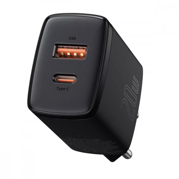 Сетевое зарядное устройство Baseus Compact Quick Charger 20W QC+PD 1Type-C + 1USB Black 60683