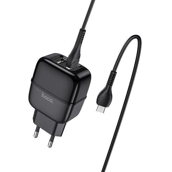 Мережевий зарядний пристрій Hoco C77A + кабель MicroUSB 2USB 2.4A Black 56231