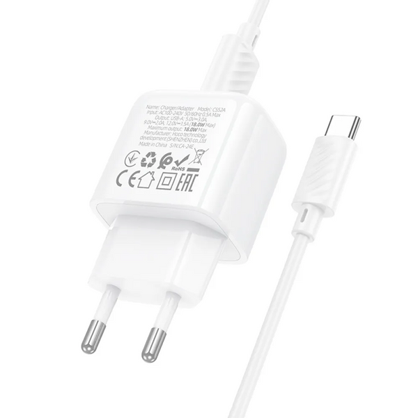 Мережевий зарядний пристрій HOCO CS52A QC3.0 1USB 18W+кабель USB to Type-C White 88346
