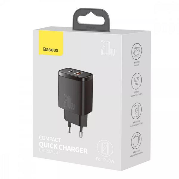 Сетевое зарядное устройство Baseus Compact Quick Charger 20W QC+PD 1Type-C + 1USB Black 60683