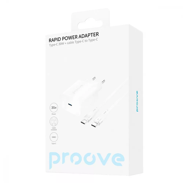 Сетевое зарядное устройство Proove Rapid 30W Type-C+кабель Type-C to Type-C White 83491