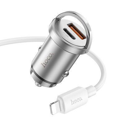 Автомобильное зарядное устройство HOCO NZ10 PD45W+QC3.0+кабель Type-C to Lightning Silver 83616