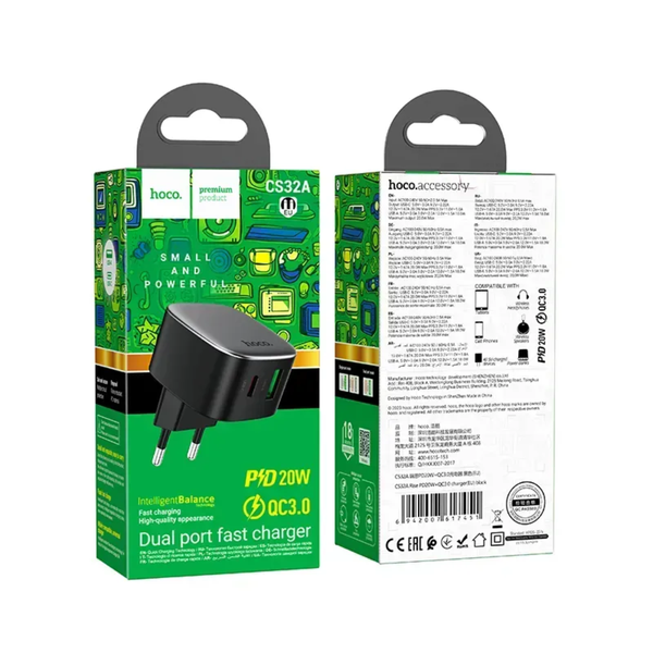 Мережевий зарядний пристрій HOCO CS32A Rise PD20W+QC3.0 Black 88455