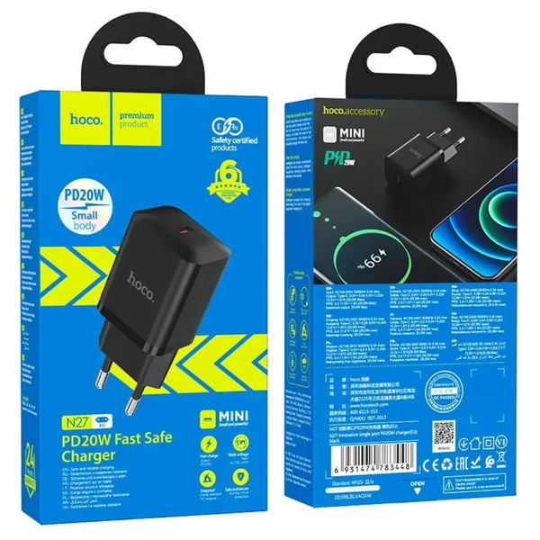 Мережевий зарядний пристрій Hoco N27 Innovative single port PD20W 1 Type-C Black 88456