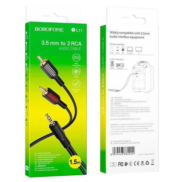 Кабель Aux Borofone BL11 3.5 to 2RCA 1.5м Black 66679