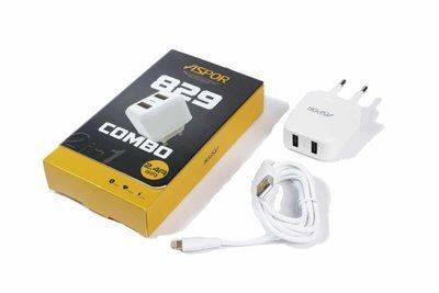 Мережевий зарядний пристрій Aspor A829 + кабель Lightning 2.4A 1м White 39671