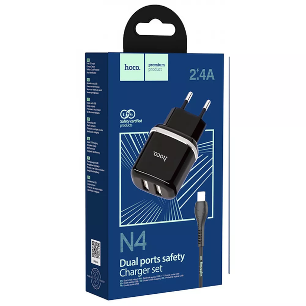 Сетевое зарядное устройство Hoco N4 Aspiring + Cable Lightning 2USB / 2.4A Black 66629