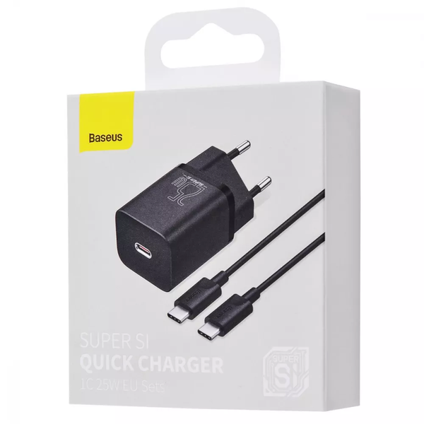 Сетевое зарядное устройство Baseus Super Silicone PD Charger 25W 1Type-C+кабель Type-C to Type-C 3A 1м Black 80266