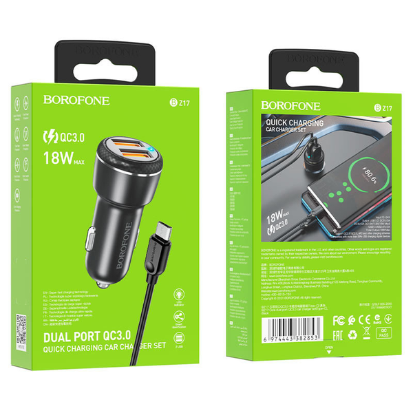 Автомобільний зарядний пристрій Borofone BZ17 + кабель MicroUSB 2USB / 3A Black 65020