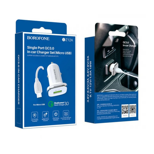Автомобільний зарядний пристрій Borofone BZ12A QC3.0 18W+кабель USB to MicroUSB White 86073