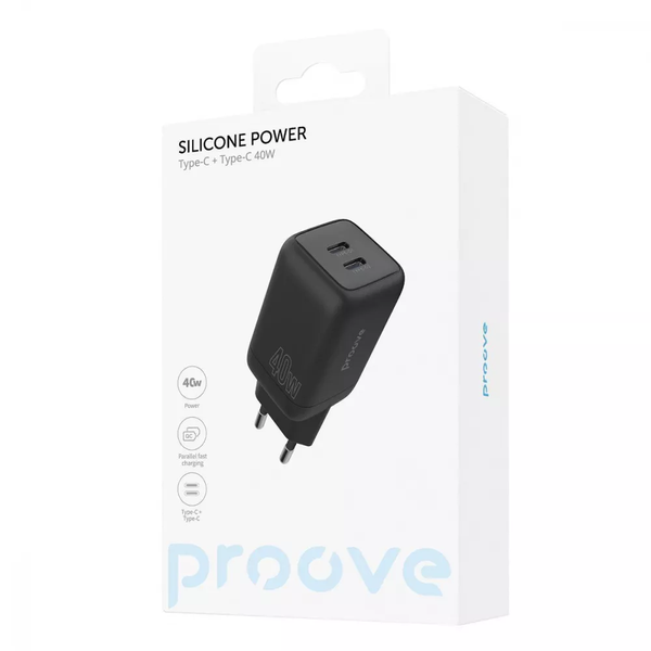 Сетевое зарядное устройство Proove Silicone Power 40W Type-C + Type-C Black 80268