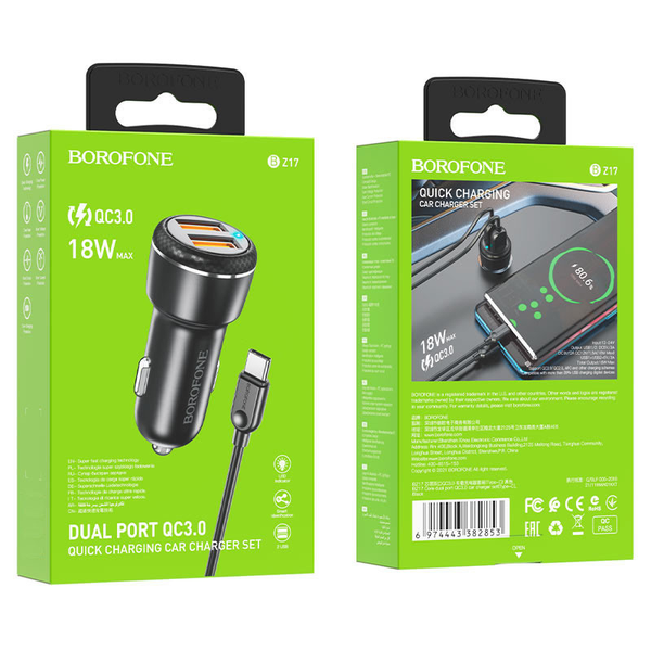 Автомобільний зарядний пристрій Borofone BZ17 + кабель Type-C 2USB / 3A Black 65021