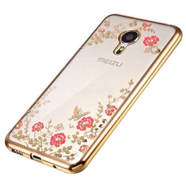 Чохол з квітами та стразами для Meizu M5 Прозорий / Gold 41971