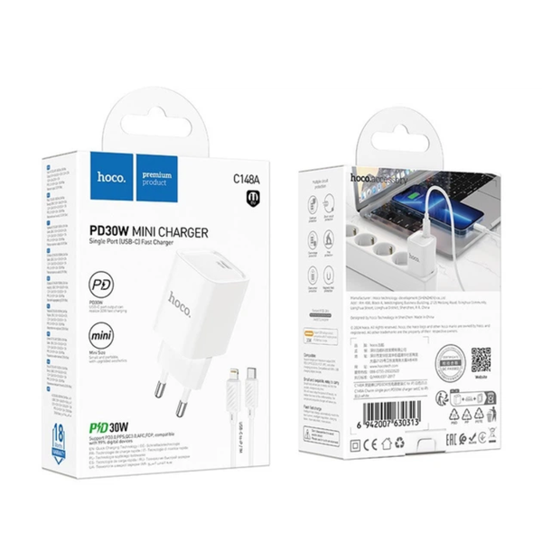 Мережевий зарядний пристрій HOCO C148A Charm PD30W+кабель (Type-C-Lightning) 30W White 88460