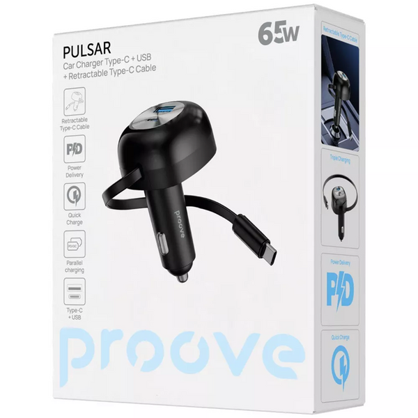 Автомобільний зарядний пристрій Proove Pulsar 65W (Type-C + USB)+Retractable Type-C кабель Black 89406