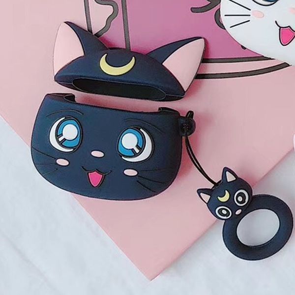 Чехол Anime с кольцом для Apple Airpods Кот Луна / Черный 50558