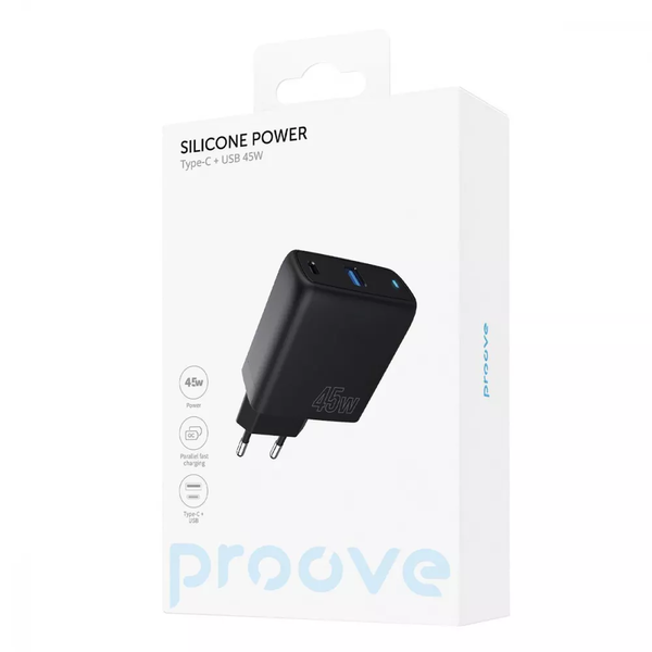 Сетевое зарядное устройство Proove Silicone Power 45W Type-C + USB Black 80269