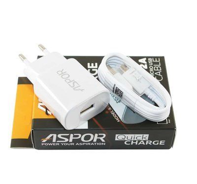 Мережевий зарядний пристрій Aspor A90 + кабель MicroUSB 2A 1м White 38885