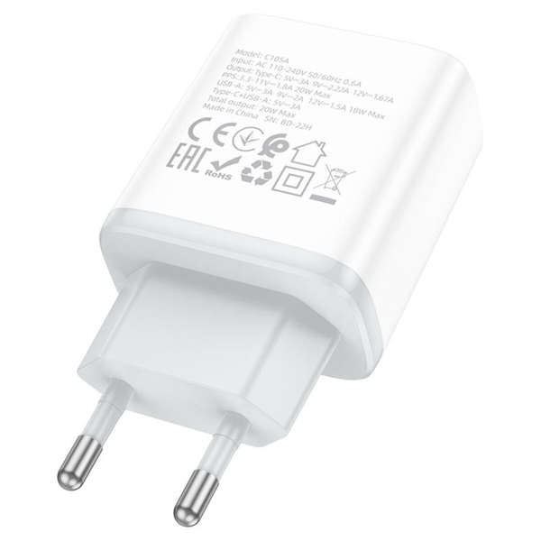 Мережевий зарядний пристрій HOCO C105A USB+Type-C PD20W+QC3.0 White 87372