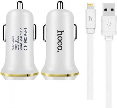 Автомобильное зарядное устройство Hoco Z1 + Cable Lightning 2USB / 2.1A White 33119