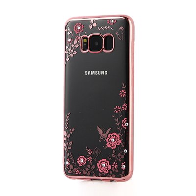 Чехол с цветами и стразами для Samsung G955 Galaxy S8 Plus Прозрачный / Pink 32556