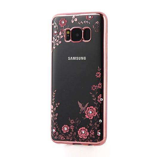 Чехол с цветами и стразами для Samsung G955 Galaxy S8 Plus Прозрачный / Pink 32556