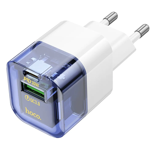 Мережевий зарядний пристрій HOCO C131A Type-C+USB 30W Transparent/Black 85895