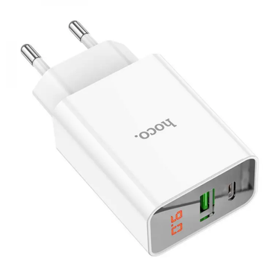 Мережевий зарядний пристрій Hoco C100A PD20W+QC3.0 charger with digital display 1xUSB 1xType-C White 88477