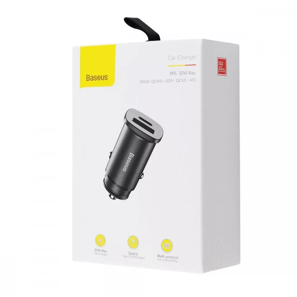Автомобільний зарядний пристрій Baseus Square Metal PD 3.0 QC 4.0+ 30W USB + Type-C Black 88588