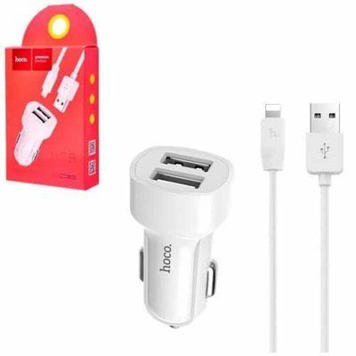 Автомобільний зарядний пристрій Hoco Z2A + кабель Lightning 2USB / 2.4A White 37570