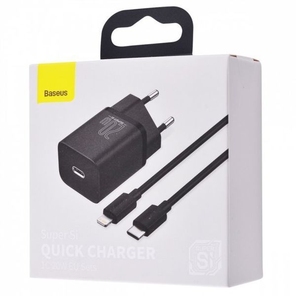 Мережевий зарядний пристрій Baseus Super Silicone PD Charger 20W Type-C+Cable Type-C to Lightning Black 61040