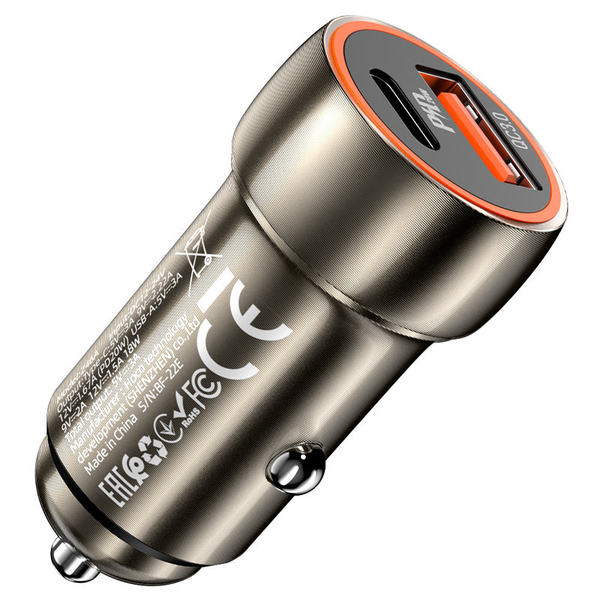 Автомобільний зарядний пристрій Hoco Z46A Blue Whale PD 20W + QC3.0 1USB / 1Type-C Metal Gray 69762