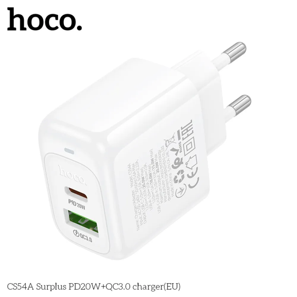 Мережевий зарядний пристрій HOCO CS54A Type-C+USB PD20W+QC3.0+кабель Type-C to Lightning White 87376