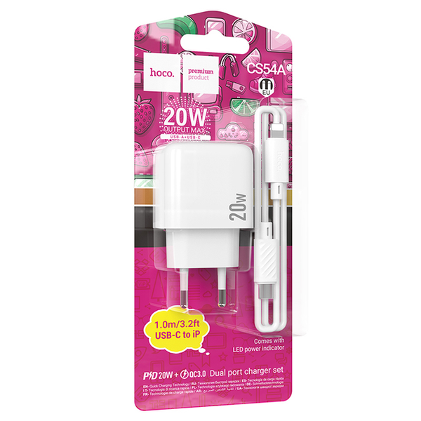 Мережевий зарядний пристрій HOCO CS54A Type-C+USB PD20W+QC3.0+кабель Type-C to Lightning White 87376