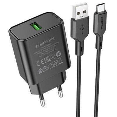 Сетевое зарядное устройство Borofone BA72A Spring QC3.0 + Type-C 1USB / 18W Black 81292