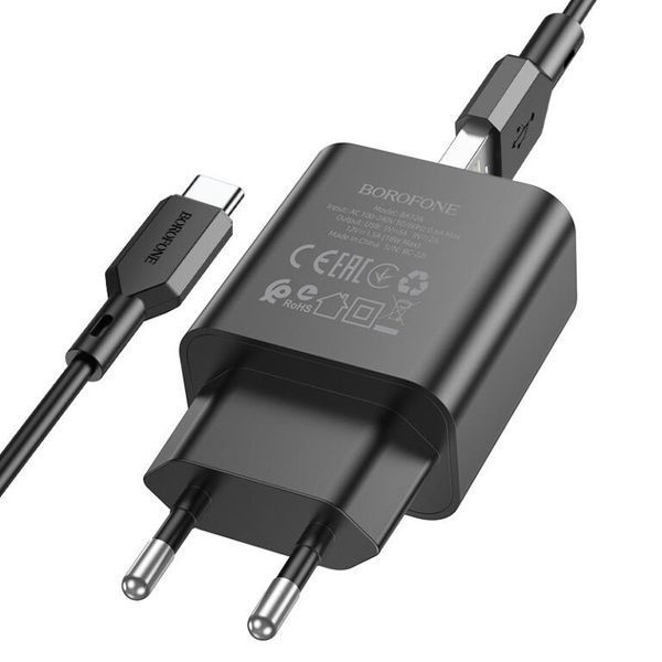 Сетевое зарядное устройство Borofone BA72A Spring QC3.0 + Type-C 1USB / 18W Black 81292