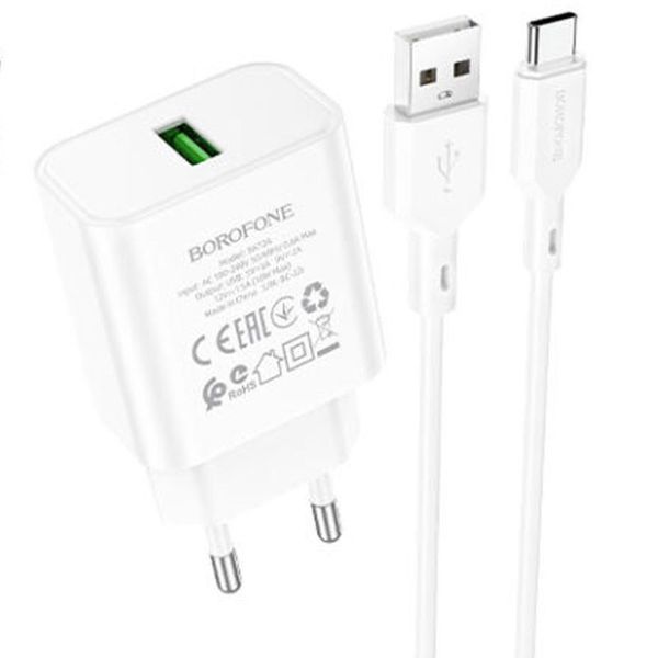 Сетевое зарядное устройство Borofone BA72A Spring QC3.0 + Type-C 1USB / 18W Black 81292