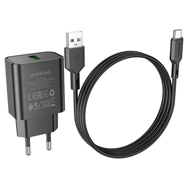 Сетевое зарядное устройство Borofone BA72A Spring QC3.0 + Type-C 1USB / 18W Black 81292