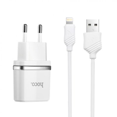 Мережевий зарядний пристрій Hoco C12 Charger + кабель Lightning 2USB 2.4A White 42363