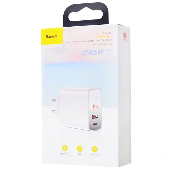 Сетевое зарядное устройство Baseus Speed PPS Intelligent Power-Off and Digital Display PD3.0+QC3.0 45W Type-C+USB White 47399