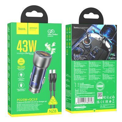 Автомобильное зарядное устройство Hoco NZ8 43W PD25W+QC3.0+кабель Type-C to Lightning Blue 83631