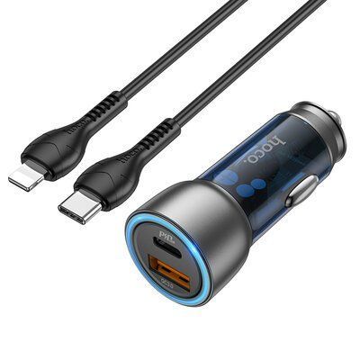 Автомобільний зарядний пристрій Hoco NZ8 43W PD25W+QC3.0+кабель Type-C to Lightning Blue 83631