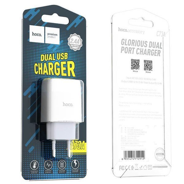 Мережевий зарядний пристрій Hoco C73A 2USB 2.4A White 42866