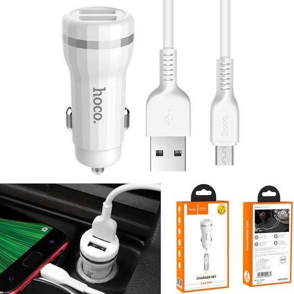 Автомобильное зарядное устройство Hoco Z27 + кабель microUSB 2USB / 2.4A White 37241