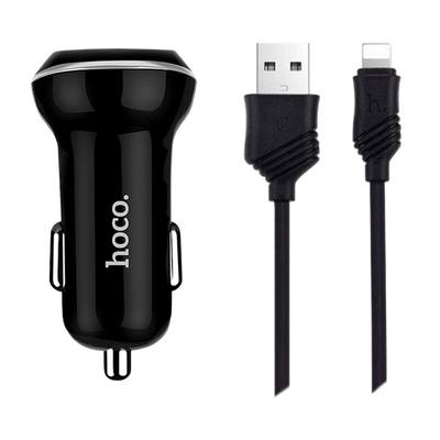 Автомобільний зарядний пристрій Hoco Z1 + кабель Lightning 2USB / 2.1A Black 37459