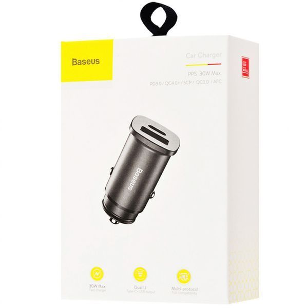 Автомобильное зарядное устройство Baseus Square Metal PD 3.0 Quick Charge 4.0 + 30W USB + Type-C Black 47300