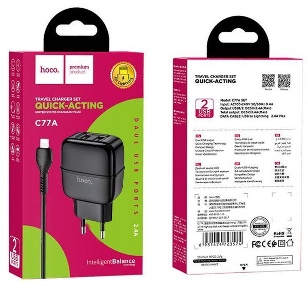Мережевий зарядний пристрій Hoco C77A + кабель Lightning 2USB 2.4A Black 47724