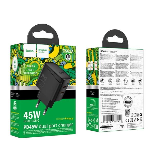 Мережевий зарядний пристрій Hoco CS62A 2Type-C PD45W Black 87385